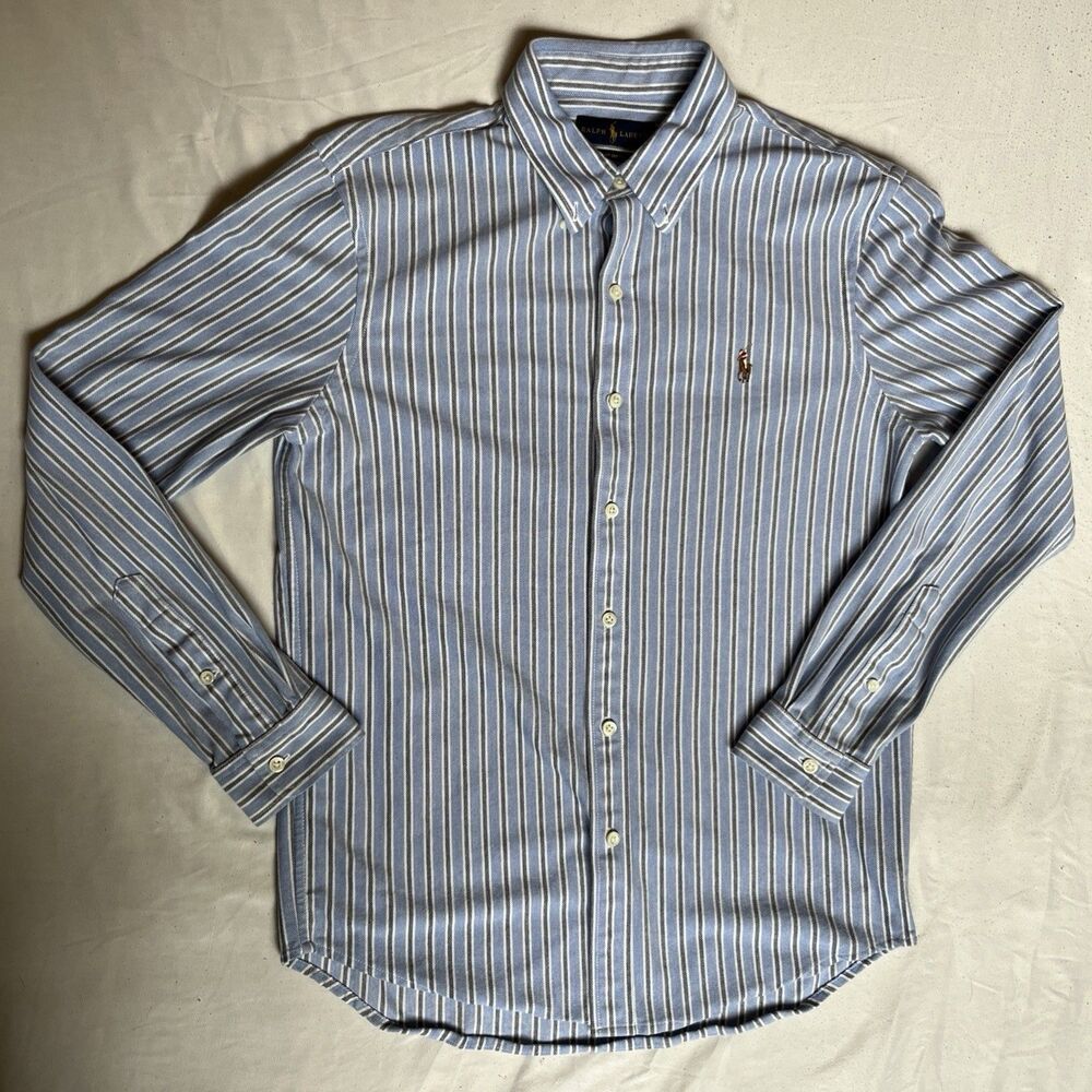Ralph Lauren Oxford Knit Shirt Button Down Men’s L Stripes Pony Long Sleeve